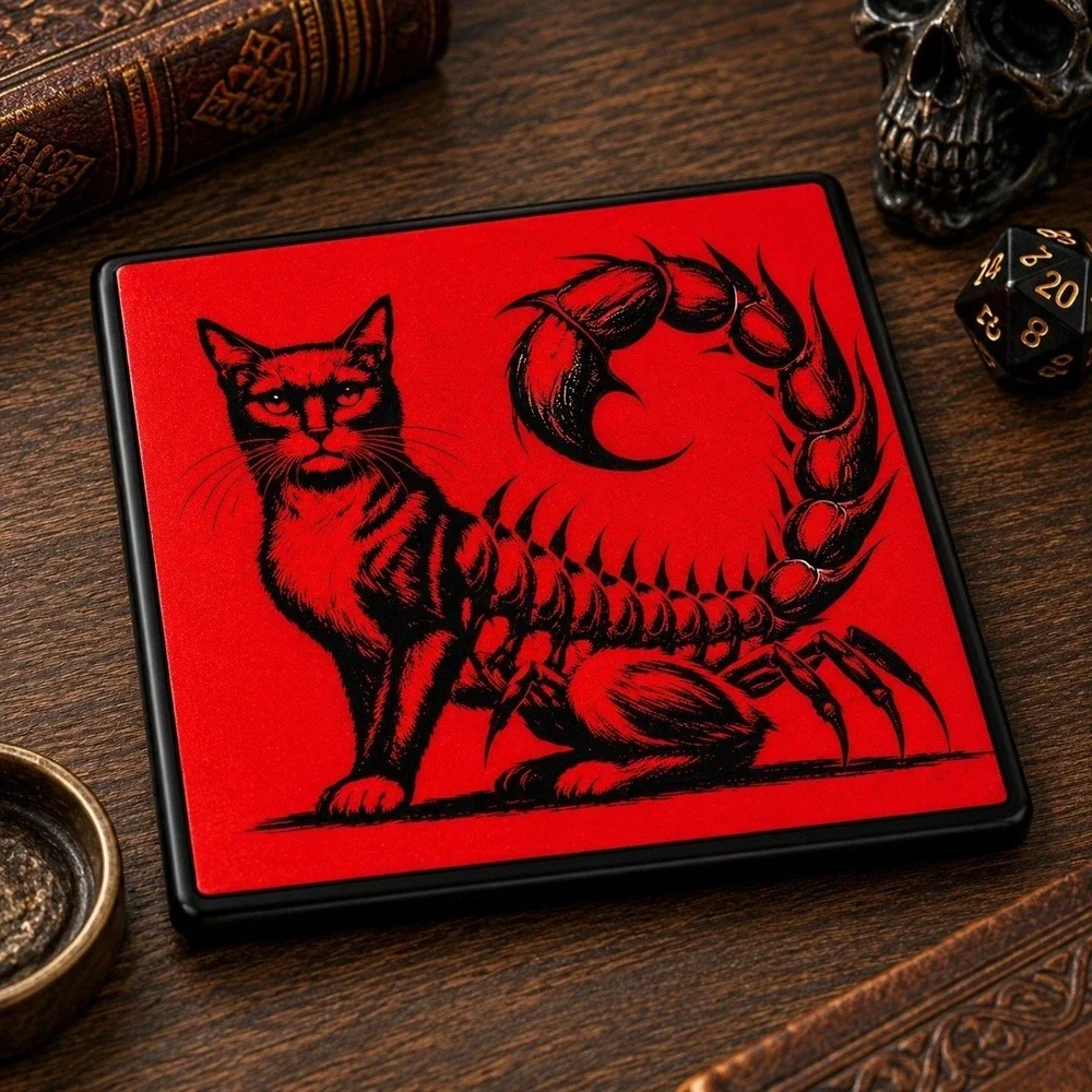 Cat Scorpion Chimera Ceramic Coaster Red Black Laser Engraved‎ Gothic Oddity
